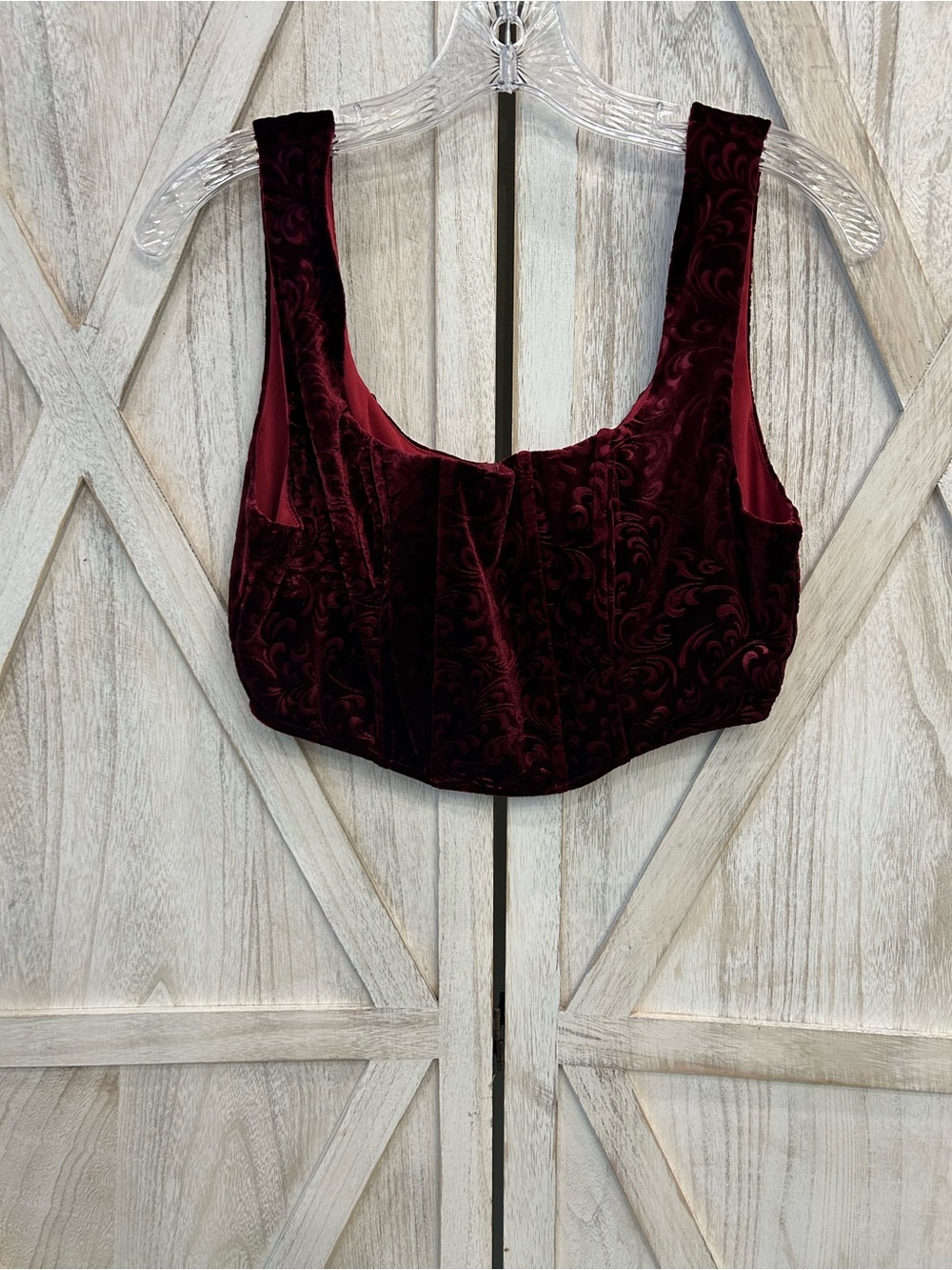 Cider Burgundy Velvet Tank Crop with Embossed Swirl